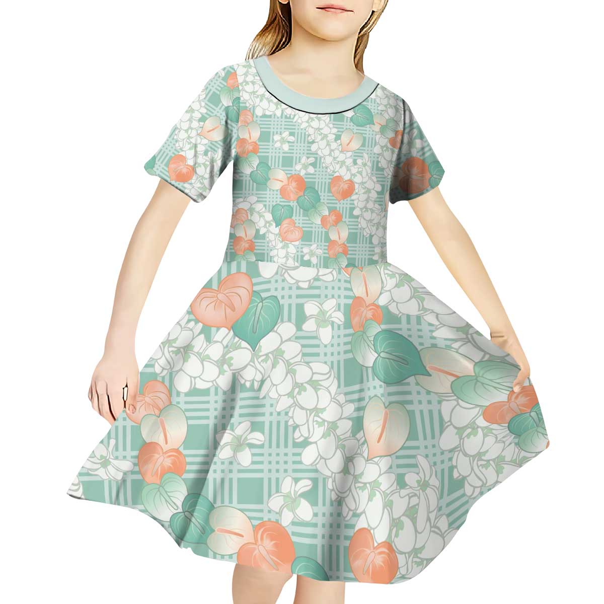 Anthurium Plumeria Lei Pastel Kid Short Sleeve Dress Teal Hawaiian Splendid Palaka