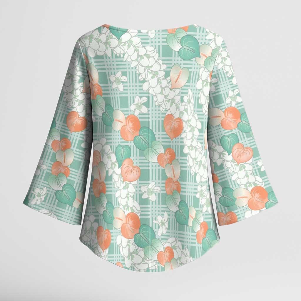 Anthurium Plumeria Lei Pastel Kimono Sleeve Blouse Teal Hawaiian Splendid Palaka LT01 - Polynesian Pride
