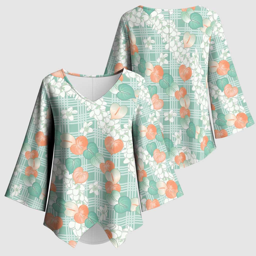 Anthurium Plumeria Lei Pastel Kimono Sleeve Blouse Teal Hawaiian Splendid Palaka LT01 - Polynesian Pride