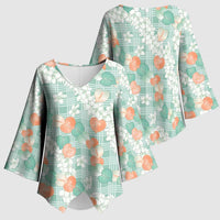 Anthurium Plumeria Lei Pastel Kimono Sleeve Blouse Teal Hawaiian Splendid Palaka LT01 - Polynesian Pride