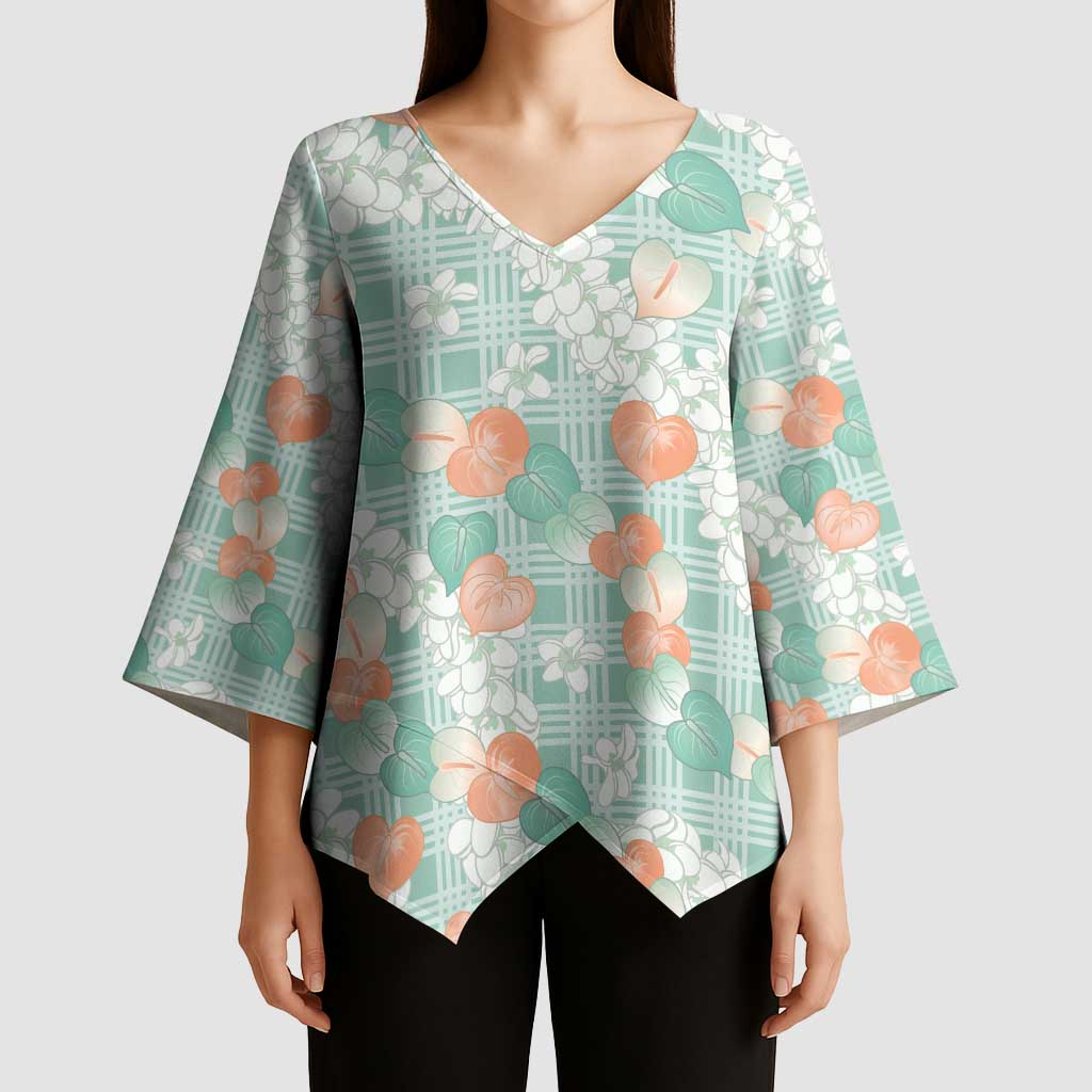 Anthurium Plumeria Lei Pastel Kimono Sleeve Blouse Teal Hawaiian Splendid Palaka LT01 - Polynesian Pride