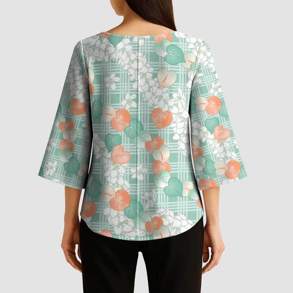 Anthurium Plumeria Lei Pastel Kimono Sleeve Blouse Teal Hawaiian Splendid Palaka LT01 - Polynesian Pride