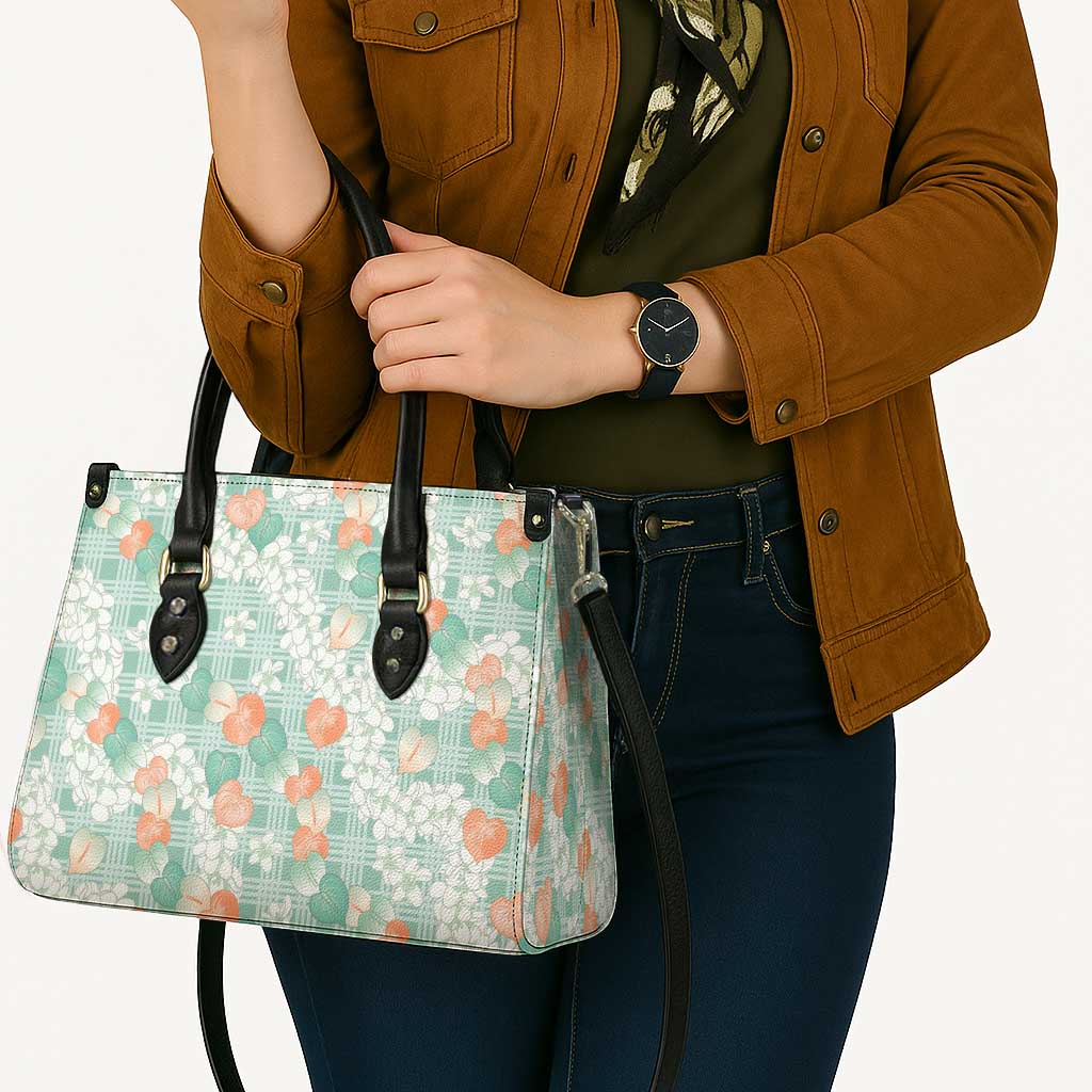 Anthurium Plumeria Lei Pastel Leather Bag Teal Hawaiian Splendid Palaka LT01 - Polynesian Pride