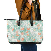 Anthurium Plumeria Lei Pastel Leather Tote Bag Teal Hawaiian Splendid Palaka LT01 - Polynesian Pride