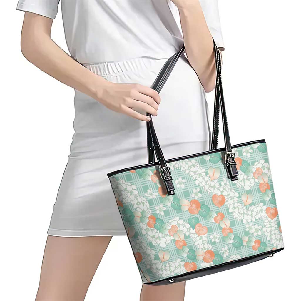 Anthurium Plumeria Lei Pastel Leather Tote Bag Teal Hawaiian Splendid Palaka LT01 - Polynesian Pride