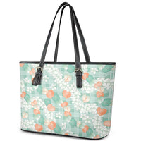 Anthurium Plumeria Lei Pastel Leather Tote Bag Teal Hawaiian Splendid Palaka LT01 - Polynesian Pride