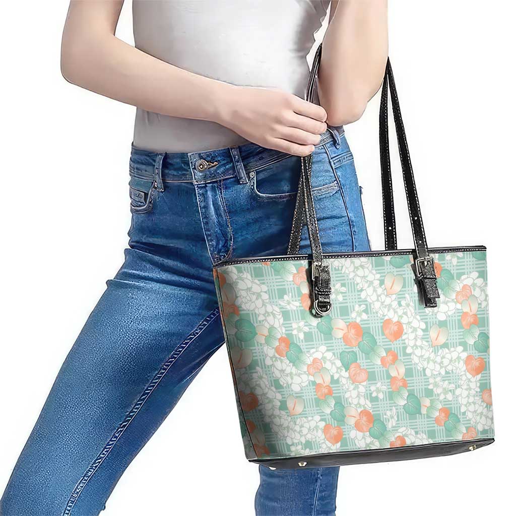 Anthurium Plumeria Lei Pastel Leather Tote Bag Teal Hawaiian Splendid Palaka LT01 - Polynesian Pride