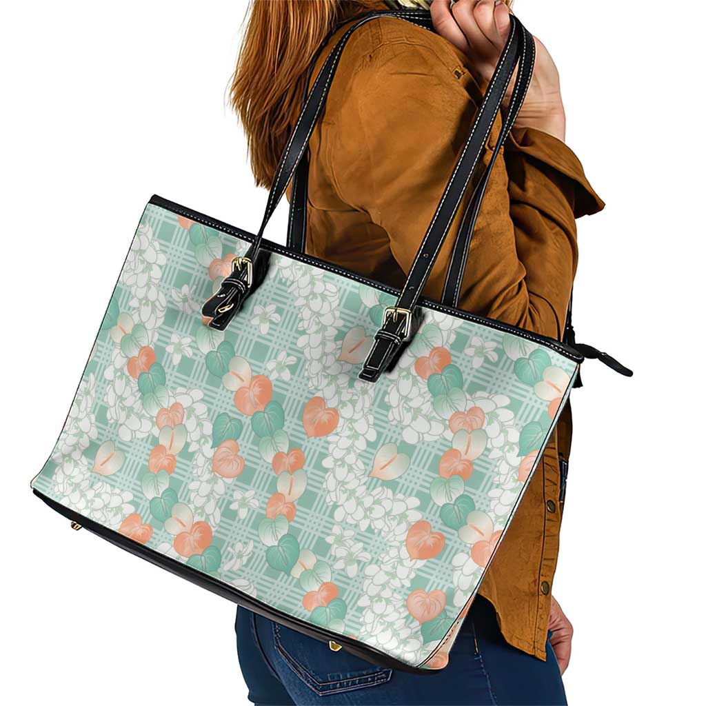 Anthurium Plumeria Lei Pastel Leather Tote Bag Teal Hawaiian Splendid Palaka LT01 - Polynesian Pride