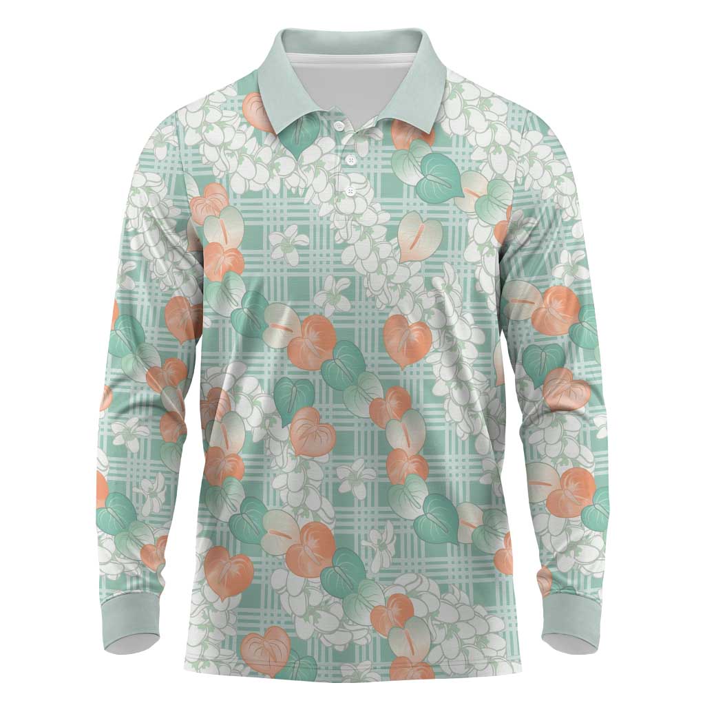Anthurium Plumeria Lei Pastel Long Sleeve Polo Shirt Teal Hawaiian Splendid Palaka LT01 Teal - Polynesian Pride