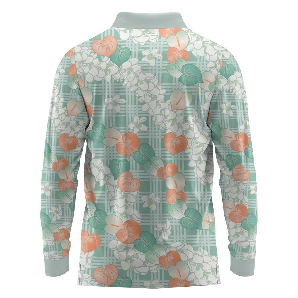 Anthurium Plumeria Lei Pastel Long Sleeve Polo Shirt Teal Hawaiian Splendid Palaka LT01 - Polynesian Pride
