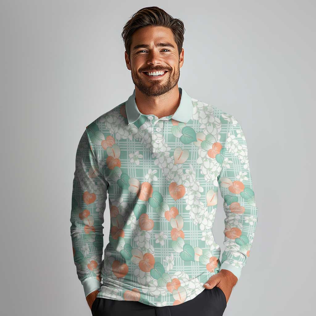 Anthurium Plumeria Lei Pastel Long Sleeve Polo Shirt Teal Hawaiian Splendid Palaka LT01 - Polynesian Pride