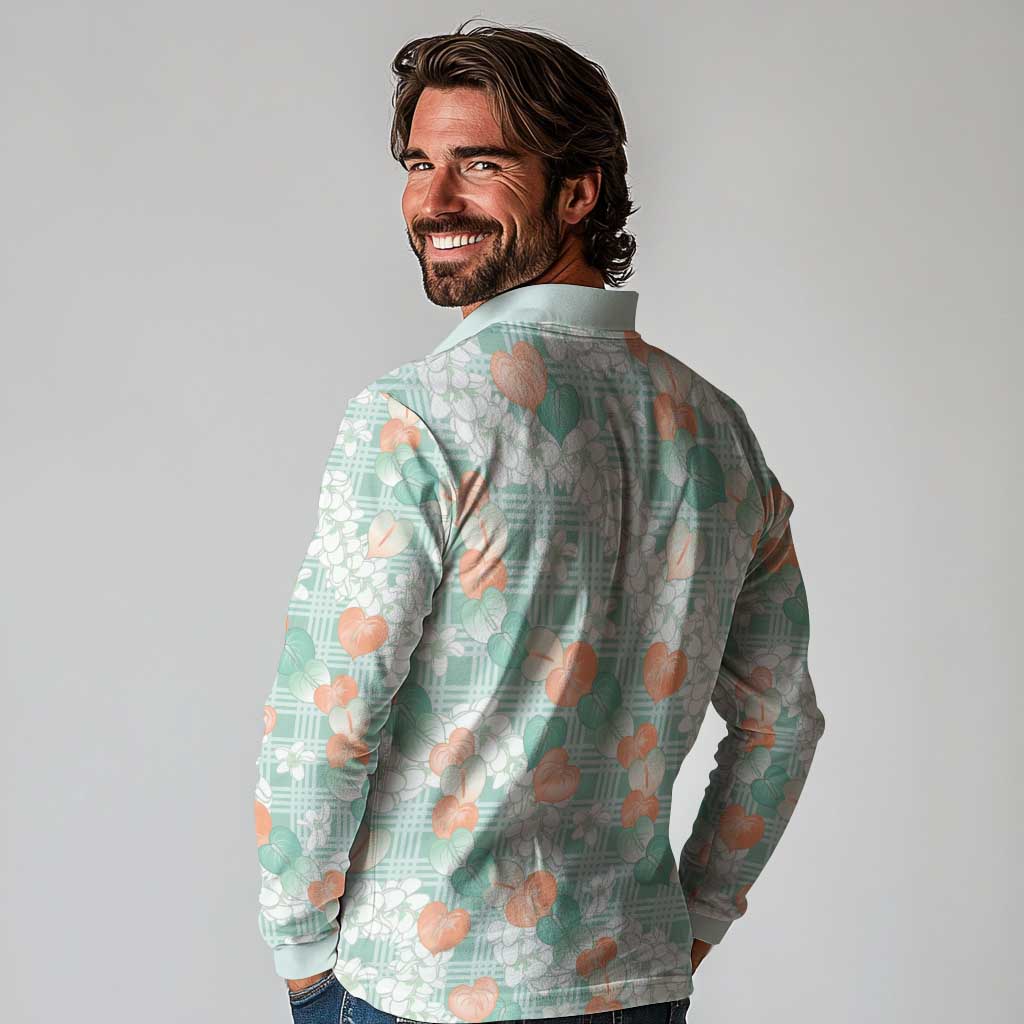 Anthurium Plumeria Lei Pastel Long Sleeve Polo Shirt Teal Hawaiian Splendid Palaka LT01 - Polynesian Pride
