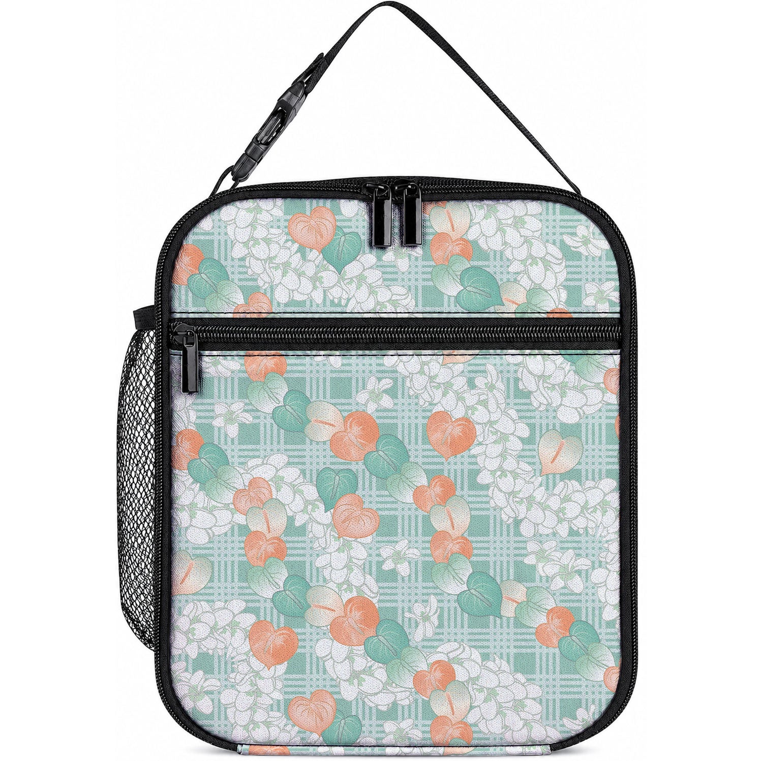 Anthurium Plumeria Lei Pastel Lunch Bag Teal Hawaiian Splendid Palaka LT01 10.2 × 8.3 × 4.3 inch Teal - Polynesian Pride