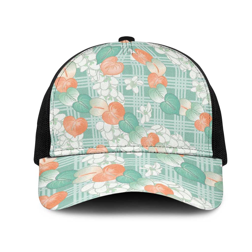 Anthurium Plumeria Lei Pastel Mesh Trucker Cap Teal Hawaiian Splendid Palaka LT01 One Size Black Teal - Polynesian Pride