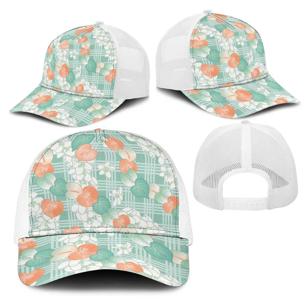 Anthurium Plumeria Lei Pastel Mesh Trucker Cap Teal Hawaiian Splendid Palaka LT01 - Polynesian Pride