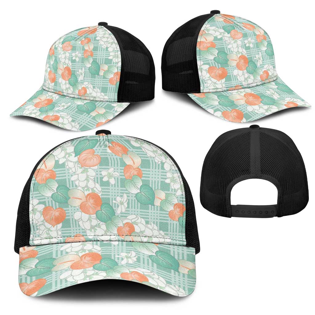 Anthurium Plumeria Lei Pastel Mesh Trucker Cap Teal Hawaiian Splendid Palaka LT01 - Polynesian Pride