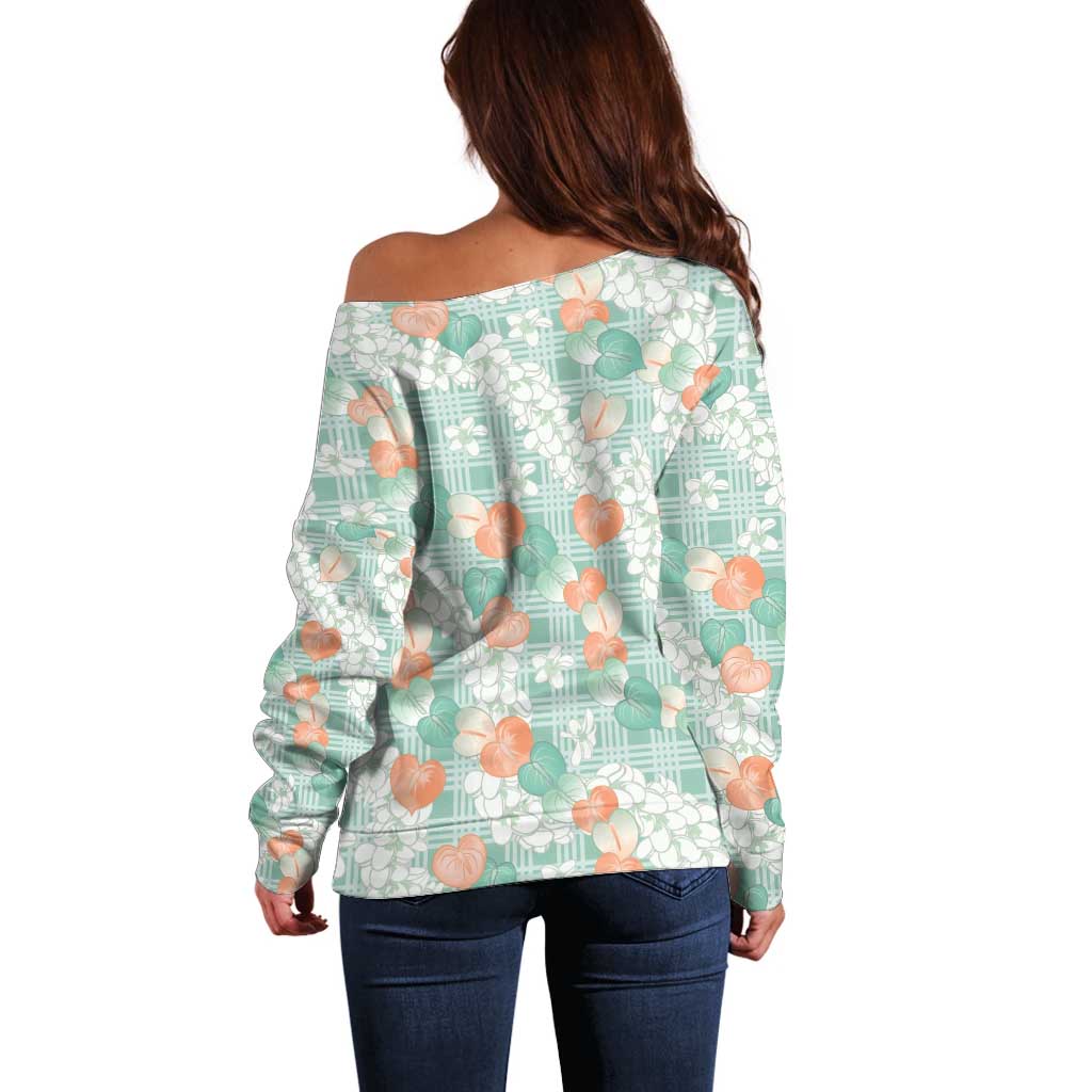 Anthurium Plumeria Lei Pastel Off Shoulder Sweater Teal Hawaiian Splendid Palaka LT01 - Polynesian Pride