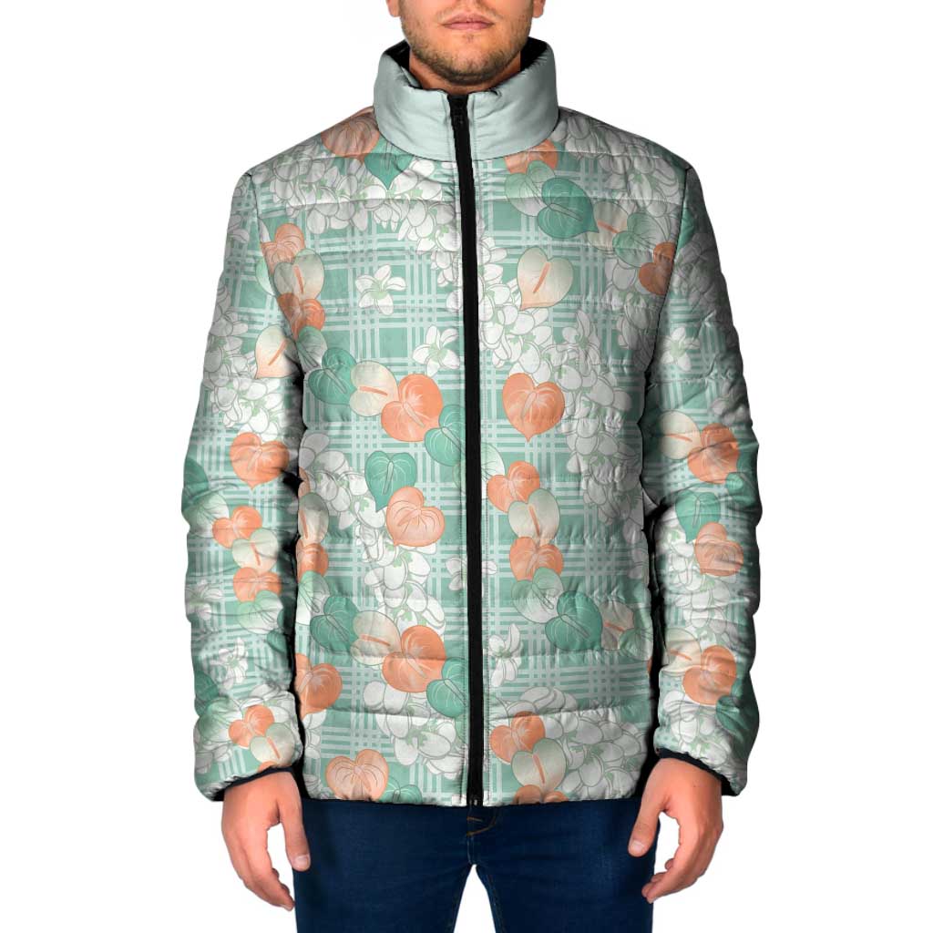 Anthurium Plumeria Lei Pastel Padded Jacket Teal Hawaiian Splendid Palaka LT01 Men Teal - Polynesian Pride