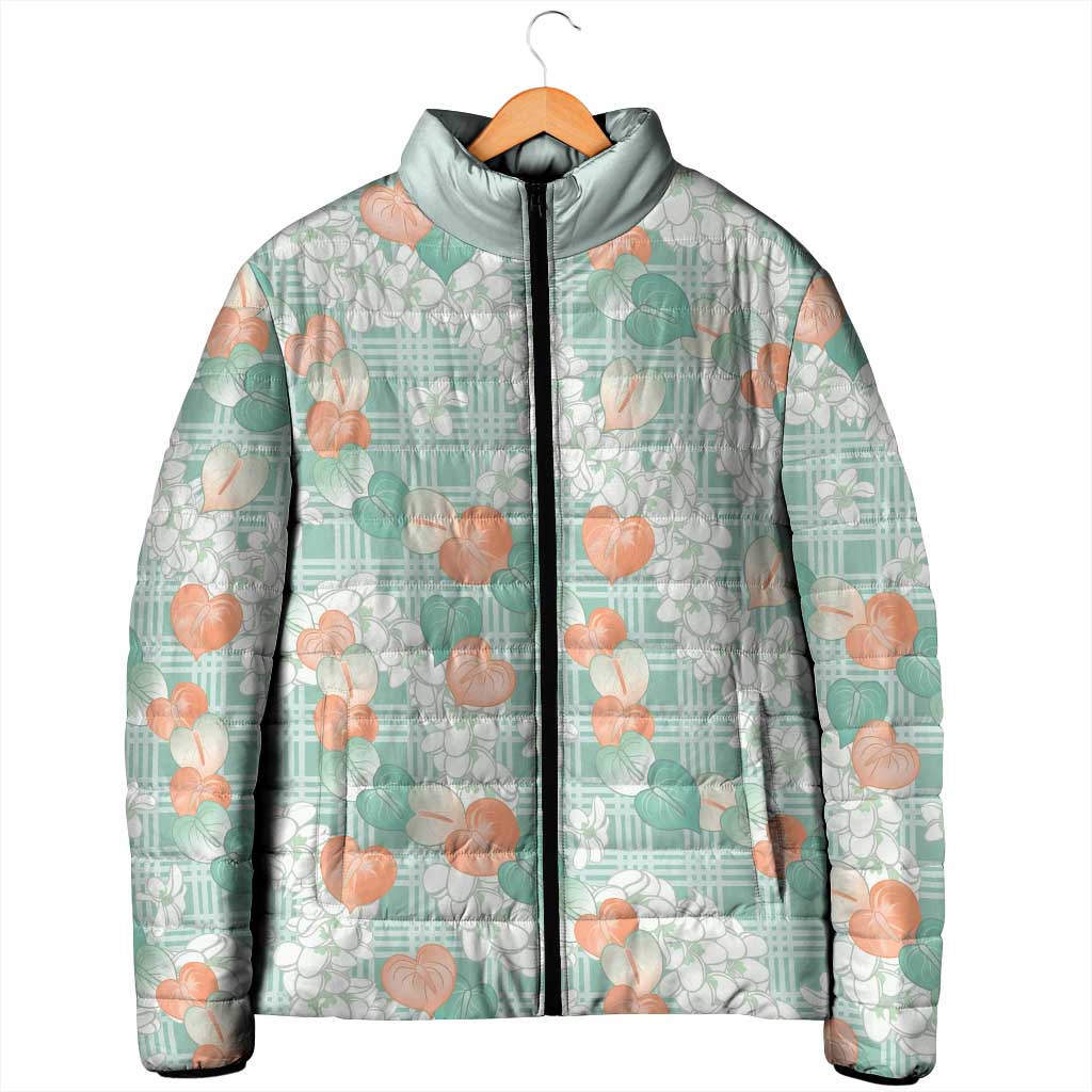 Anthurium Plumeria Lei Pastel Padded Jacket Teal Hawaiian Splendid Palaka LT01 - Polynesian Pride