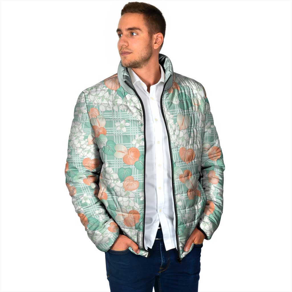 Anthurium Plumeria Lei Pastel Padded Jacket Teal Hawaiian Splendid Palaka LT01 - Polynesian Pride