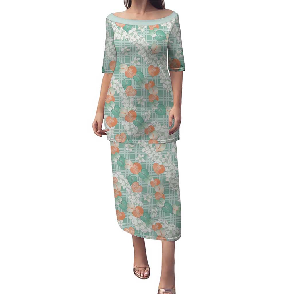 Anthurium Plumeria Lei Pastel Puletasi Teal Hawaiian Splendid Palaka LT01 Long Dress Teal - Polynesian Pride