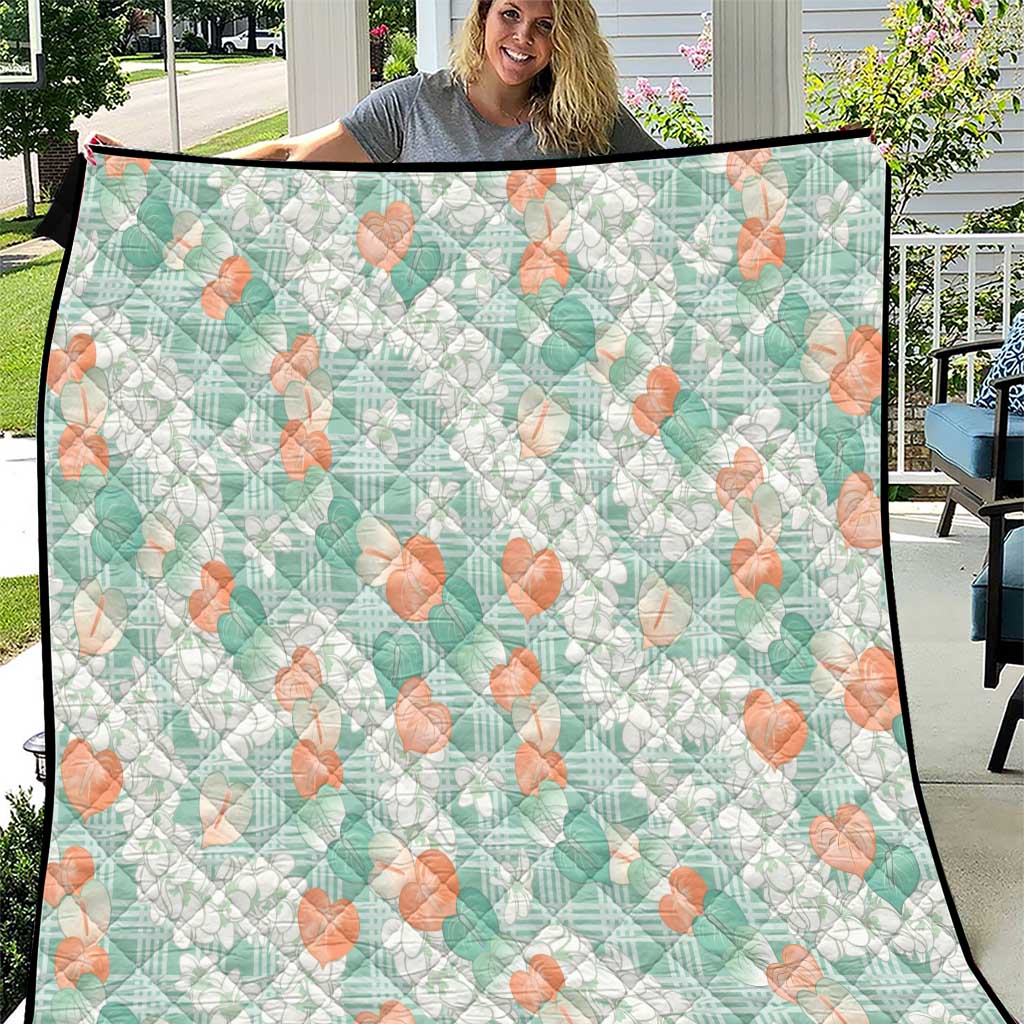 Anthurium Plumeria Lei Pastel Quilt Teal Hawaiian Splendid Palaka LT01 Teal - Polynesian Pride
