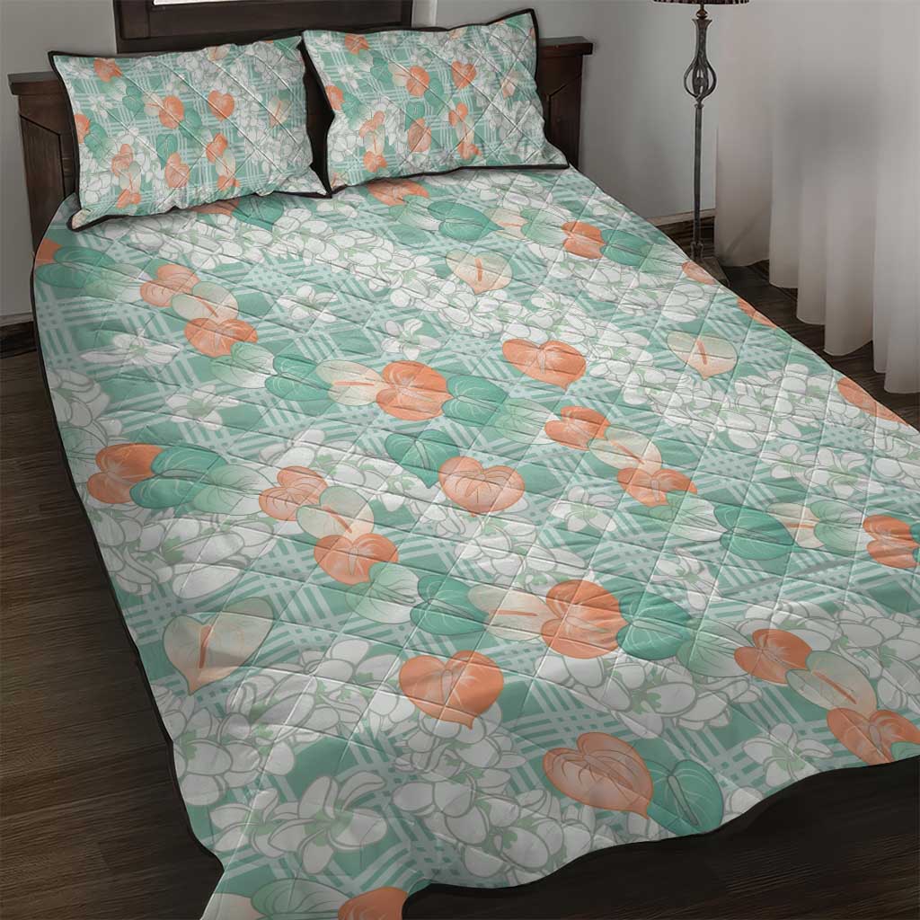 Anthurium Plumeria Lei Pastel Quilt Bed Set Teal Hawaiian Splendid Palaka