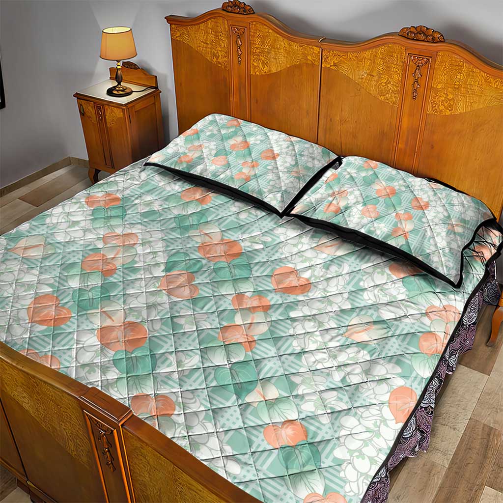 Anthurium Plumeria Lei Pastel Quilt Bed Set Teal Hawaiian Splendid Palaka