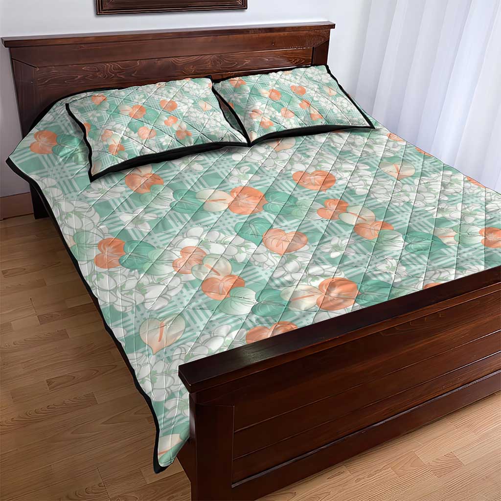 Anthurium Plumeria Lei Pastel Quilt Bed Set Teal Hawaiian Splendid Palaka