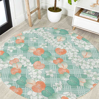 Anthurium Plumeria Lei Pastel Round Carpet Teal Hawaiian Splendid Palaka LT01 Teal - Polynesian Pride