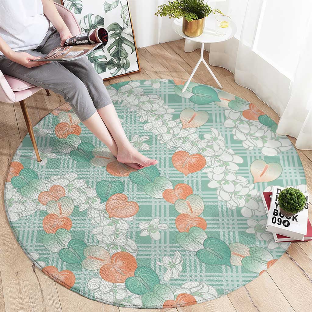 Anthurium Plumeria Lei Pastel Round Carpet Teal Hawaiian Splendid Palaka LT01 - Polynesian Pride