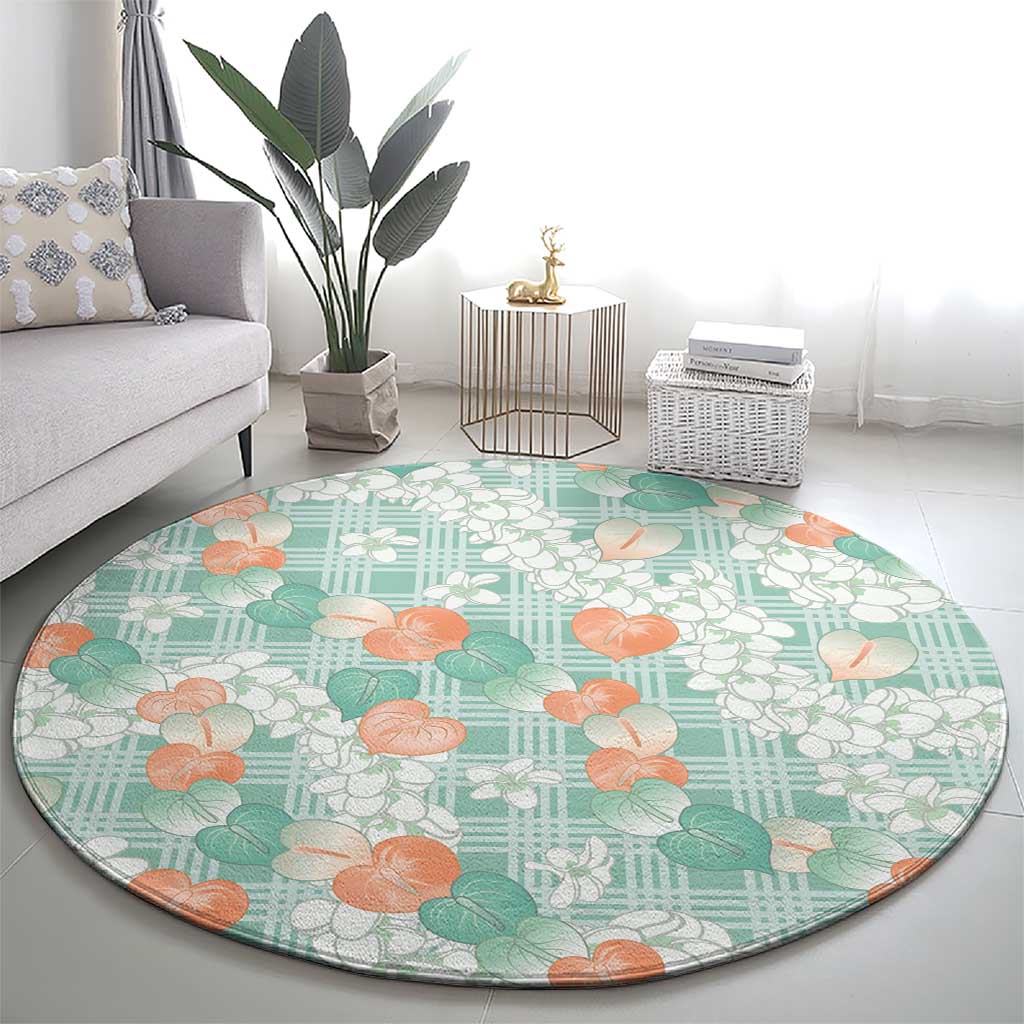 Anthurium Plumeria Lei Pastel Round Carpet Teal Hawaiian Splendid Palaka LT01 - Polynesian Pride