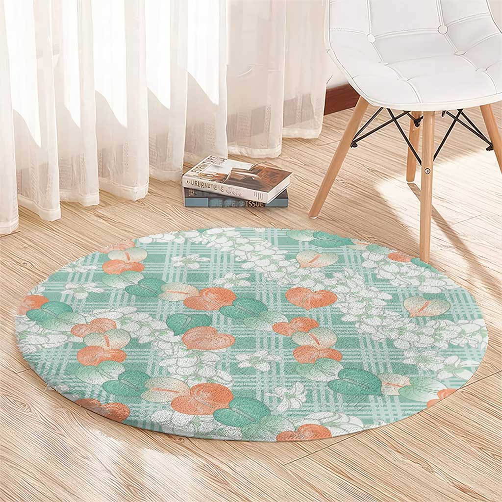 Anthurium Plumeria Lei Pastel Round Carpet Teal Hawaiian Splendid Palaka LT01 - Polynesian Pride