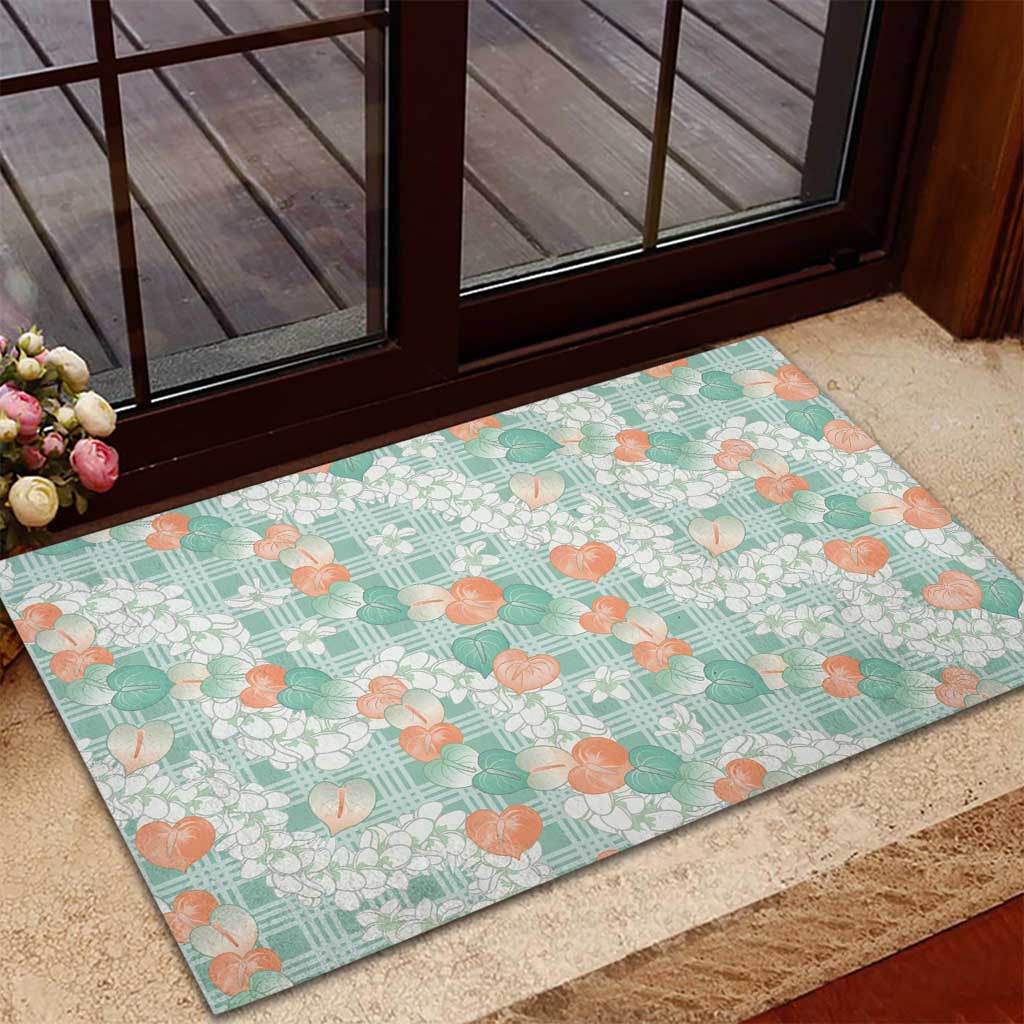 Anthurium Plumeria Lei Pastel Rubber Doormat Teal Hawaiian Splendid Palaka LT01 - Polynesian Pride