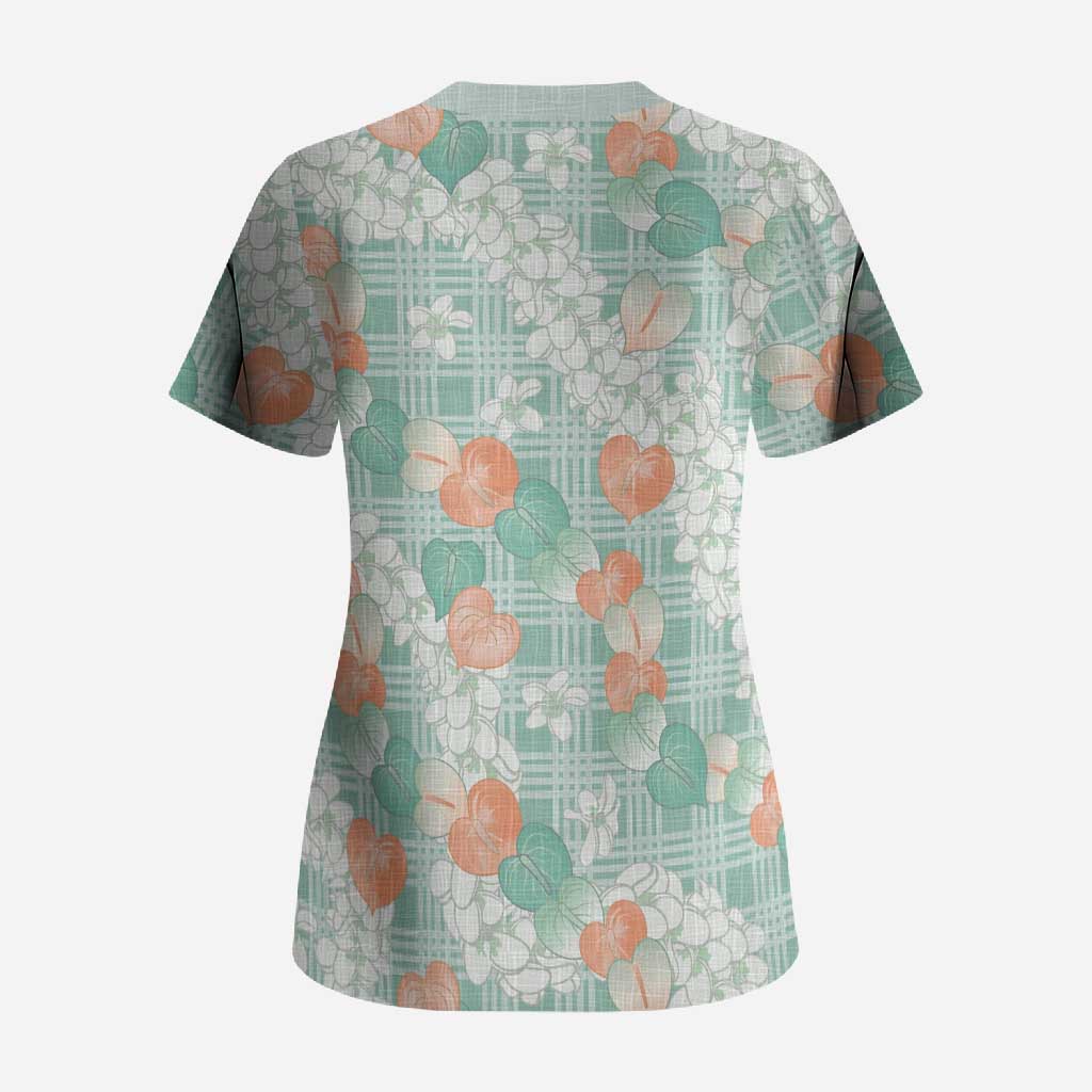 Anthurium Plumeria Lei Pastel Scrub Top Teal Hawaiian Splendid Palaka LT01 - Polynesian Pride