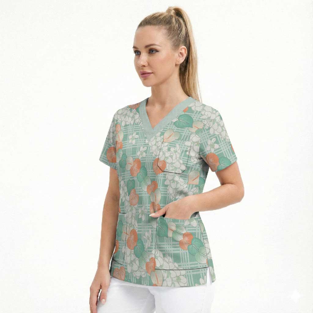 Anthurium Plumeria Lei Pastel Scrub Top Teal Hawaiian Splendid Palaka LT01 - Polynesian Pride