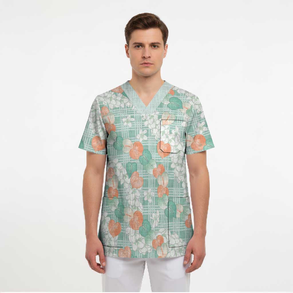 Anthurium Plumeria Lei Pastel Scrub Top Teal Hawaiian Splendid Palaka LT01 - Polynesian Pride