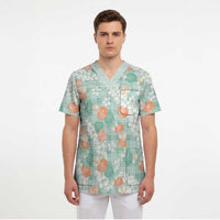 Anthurium Plumeria Lei Pastel Scrub Top Teal Hawaiian Splendid Palaka LT01 - Polynesian Pride