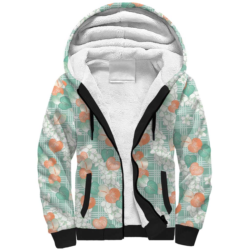 Anthurium Plumeria Lei Pastel Sherpa Hoodie Teal Hawaiian Splendid Palaka LT01 Unisex Teal - Polynesian Pride