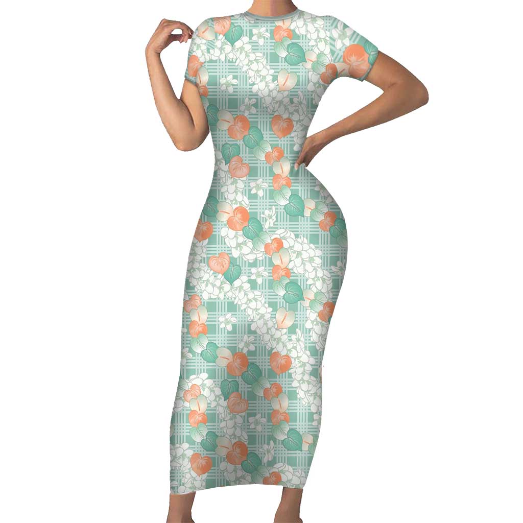 Anthurium Plumeria Lei Pastel Short Sleeve Bodycon Dress Teal Hawaiian Splendid Palaka