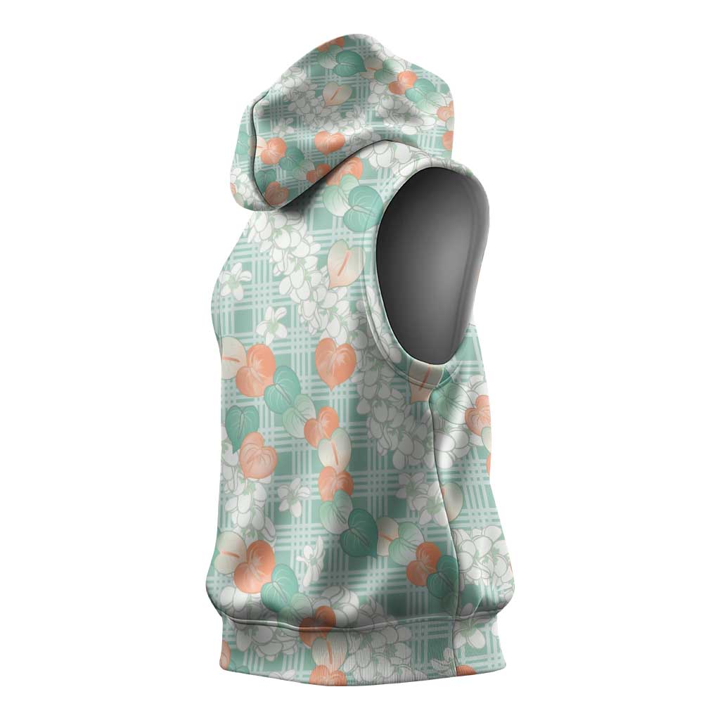 Anthurium Plumeria Lei Pastel Sleeveless Hoodie Teal Hawaiian Splendid Palaka LT01 - Polynesian Pride