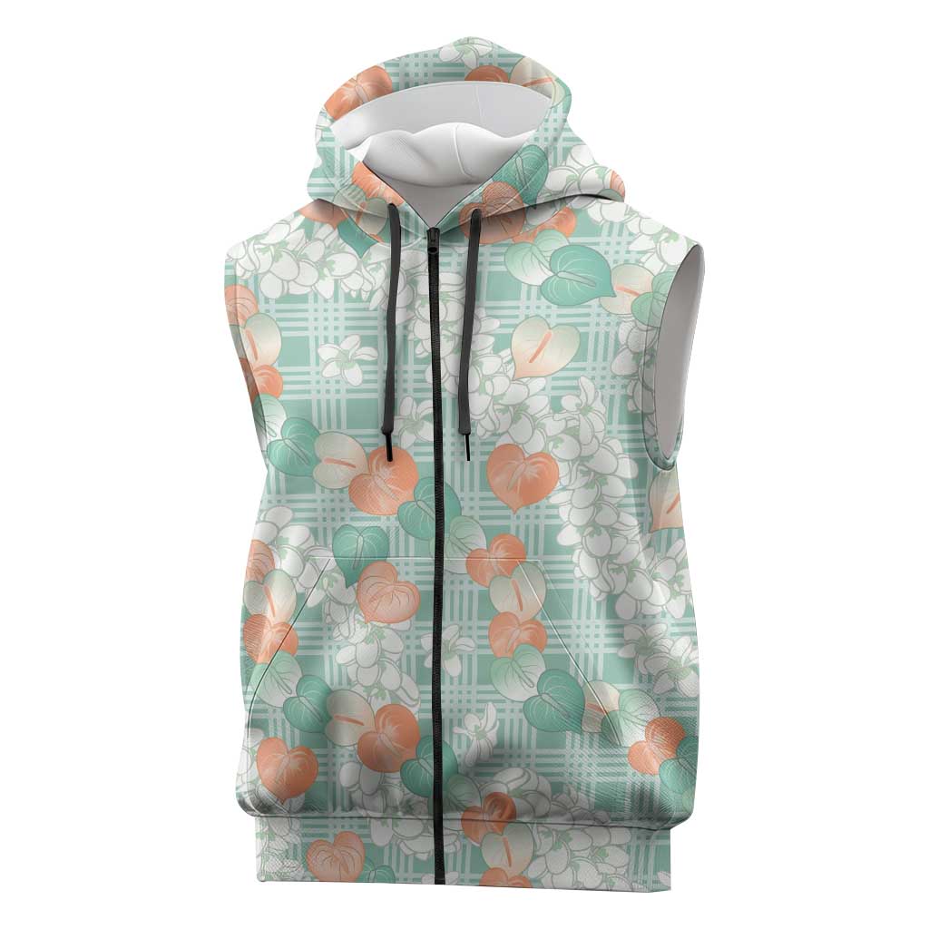 Anthurium Plumeria Lei Pastel Sleeveless Zip Hoodie Teal Hawaiian Splendid Palaka LT01 Teal - Polynesian Pride