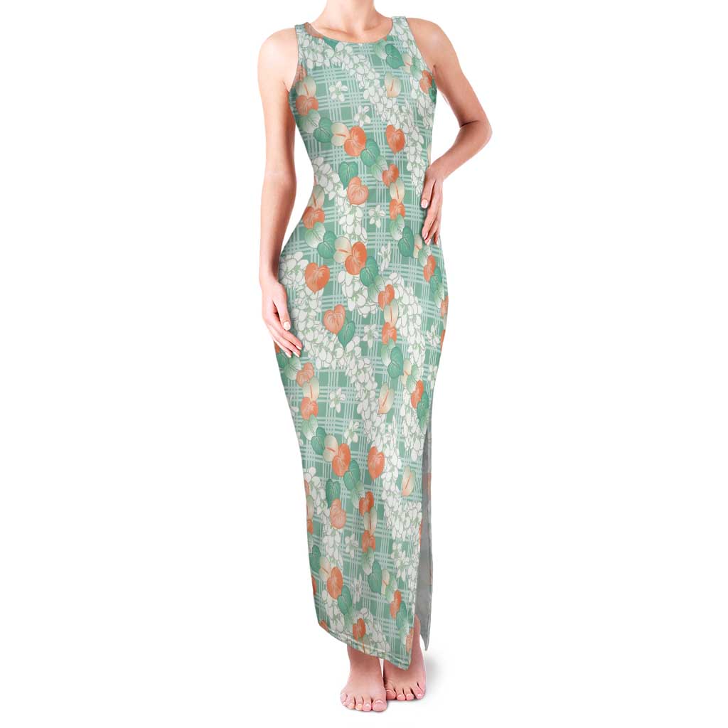 Anthurium Plumeria Lei Pastel Tank Maxi Dress Teal Hawaiian Splendid Palaka LT01 Women Teal - Polynesian Pride