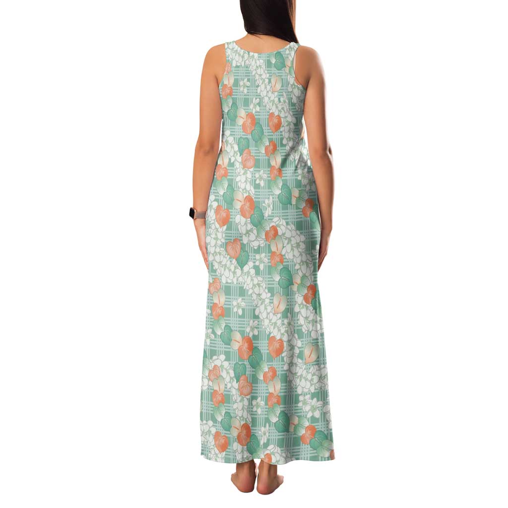 Anthurium Plumeria Lei Pastel Tank Maxi Dress Teal Hawaiian Splendid Palaka LT01 - Polynesian Pride
