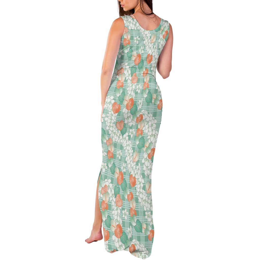 Anthurium Plumeria Lei Pastel Tank Maxi Dress Teal Hawaiian Splendid Palaka LT01 - Polynesian Pride