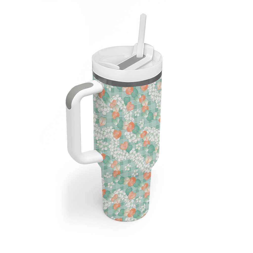 Anthurium Plumeria Lei Pastel Tumbler With Handle Teal Hawaiian Splendid Palaka LT01 - Polynesian Pride
