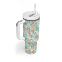 Anthurium Plumeria Lei Pastel Tumbler With Handle Teal Hawaiian Splendid Palaka LT01 - Polynesian Pride