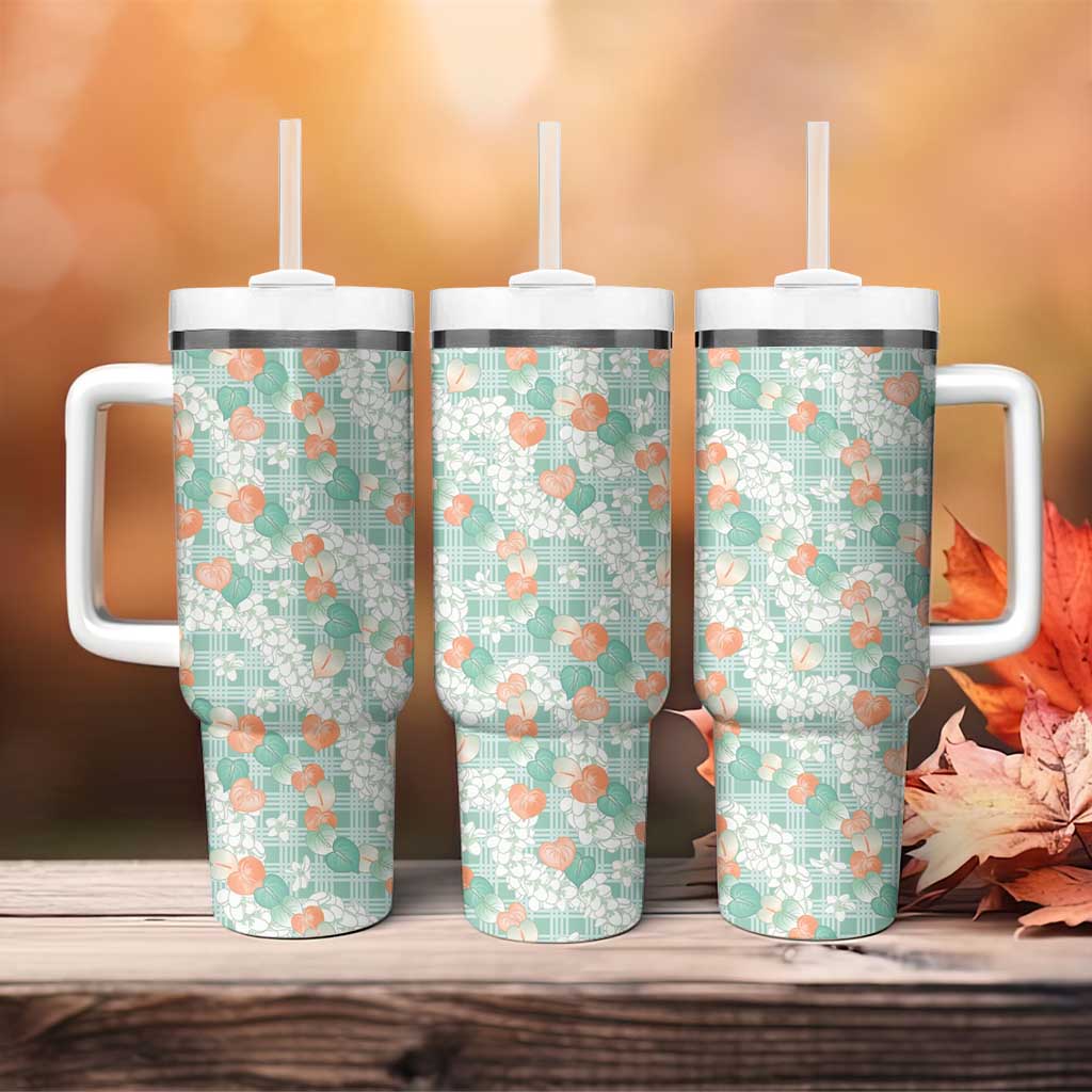 Anthurium Plumeria Lei Pastel Tumbler With Handle Teal Hawaiian Splendid Palaka LT01 - Polynesian Pride