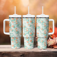 Anthurium Plumeria Lei Pastel Tumbler With Handle Teal Hawaiian Splendid Palaka LT01 - Polynesian Pride