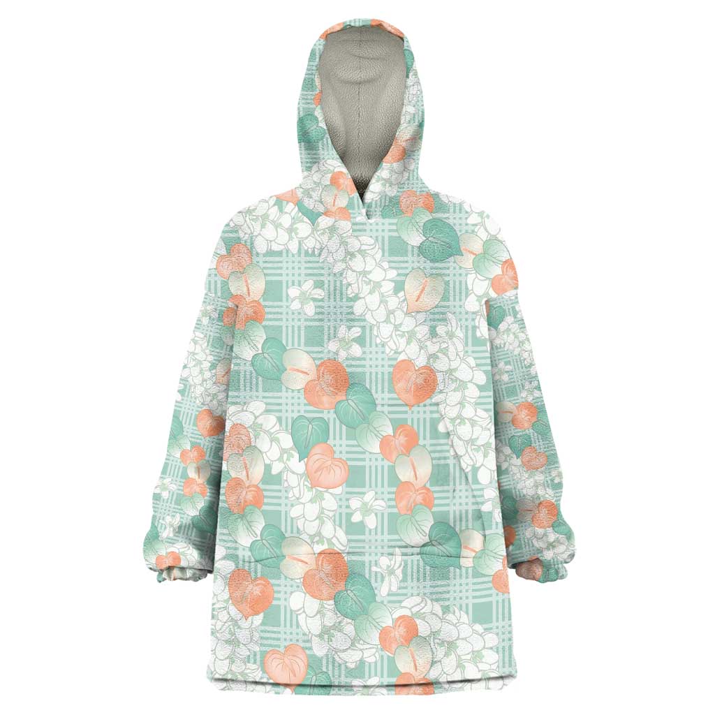 Anthurium Plumeria Lei Pastel Wearable Blanket Hoodie Teal Hawaiian Splendid Palaka LT01 One Size Teal - Polynesian Pride